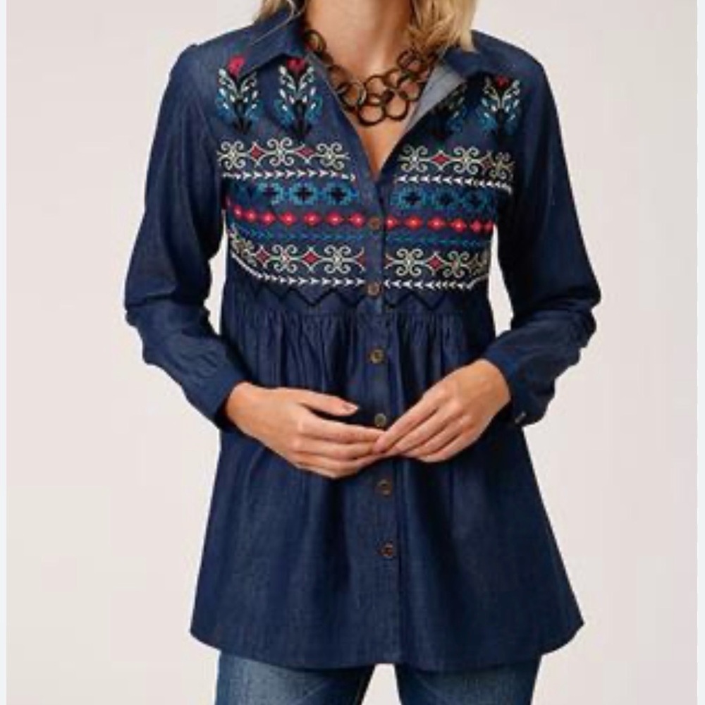 Roper Women's Studio West Collection Embroidered Long Sleeve Tunic Shirt | Sz XL
